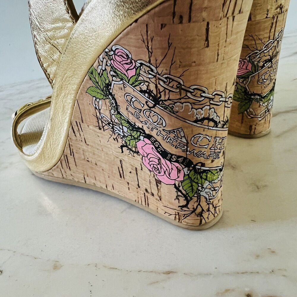 COACH Ellette Gold Beige Cork Wedge Heel Sandals - US 8.5 - Picture 8 of 11